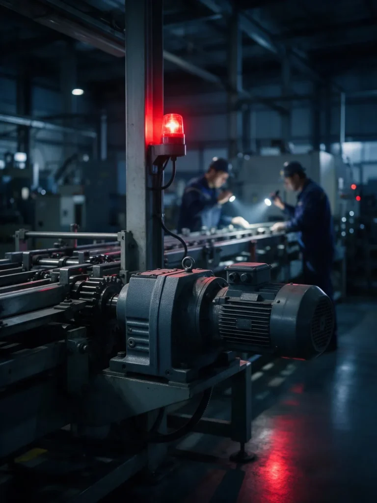 Linha de produção industrial parada por falha de lubrificação