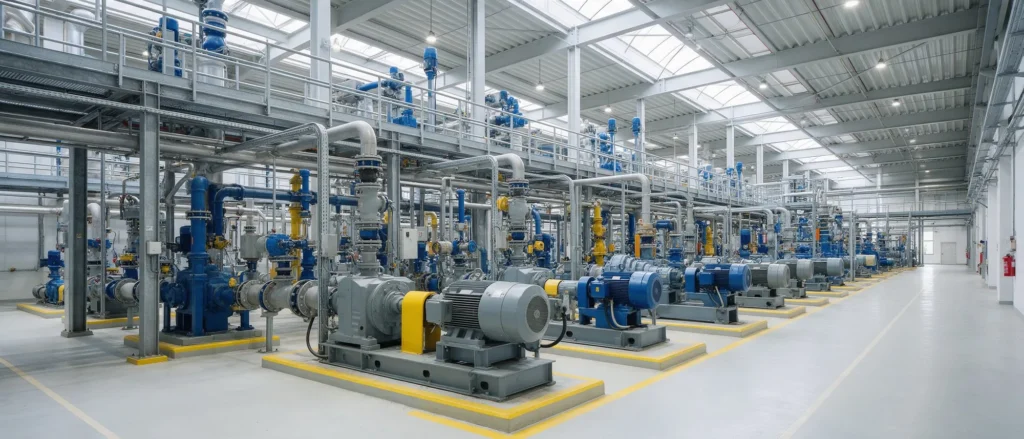 Planta industrial de processo contínuo com bombas e redutores